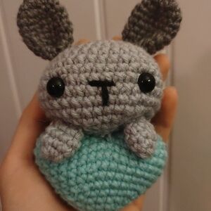 Handmade Gray Bunny Plush with Teal Heart - Small Pets Toy